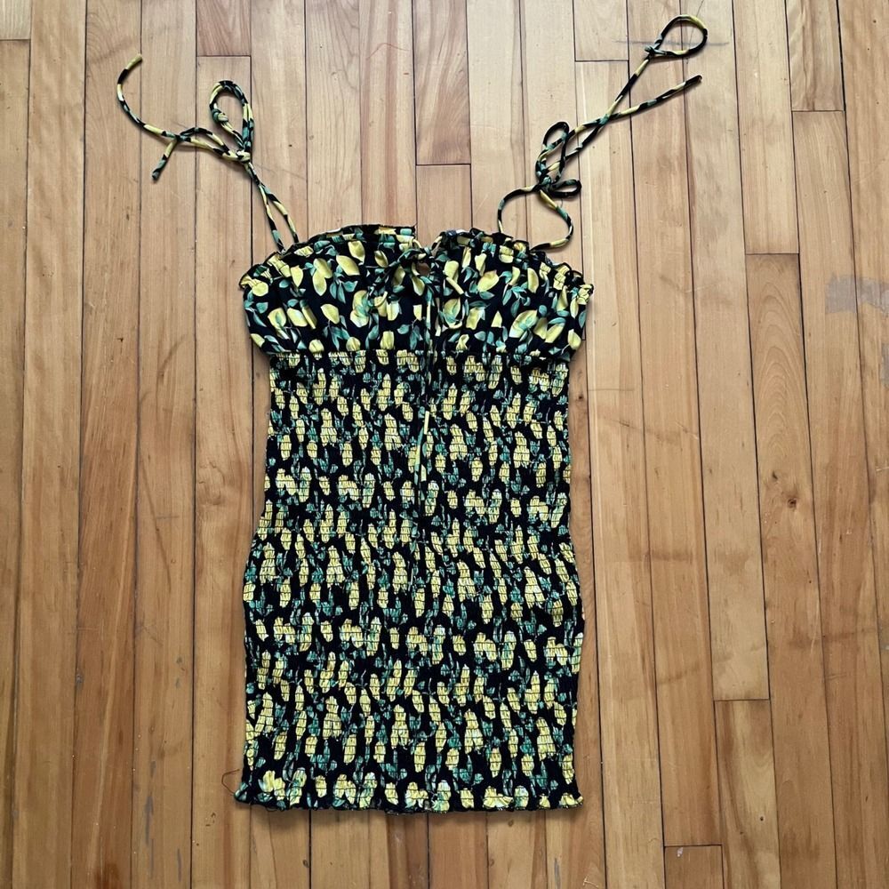 Princess Polly Lemon Print Smocked Tube Dress Mini Yellow Black Sundress